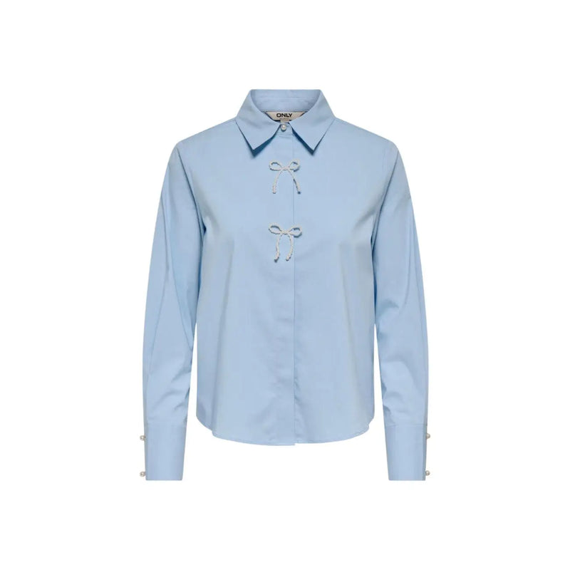 Light blue cotton long-sleeved polo shirt for women with white bow and pearl detail at the front by Only Women