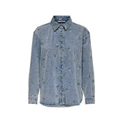 Only women light blue denim cotton long shirt with delicate pink and green floral embroidery and round neck design