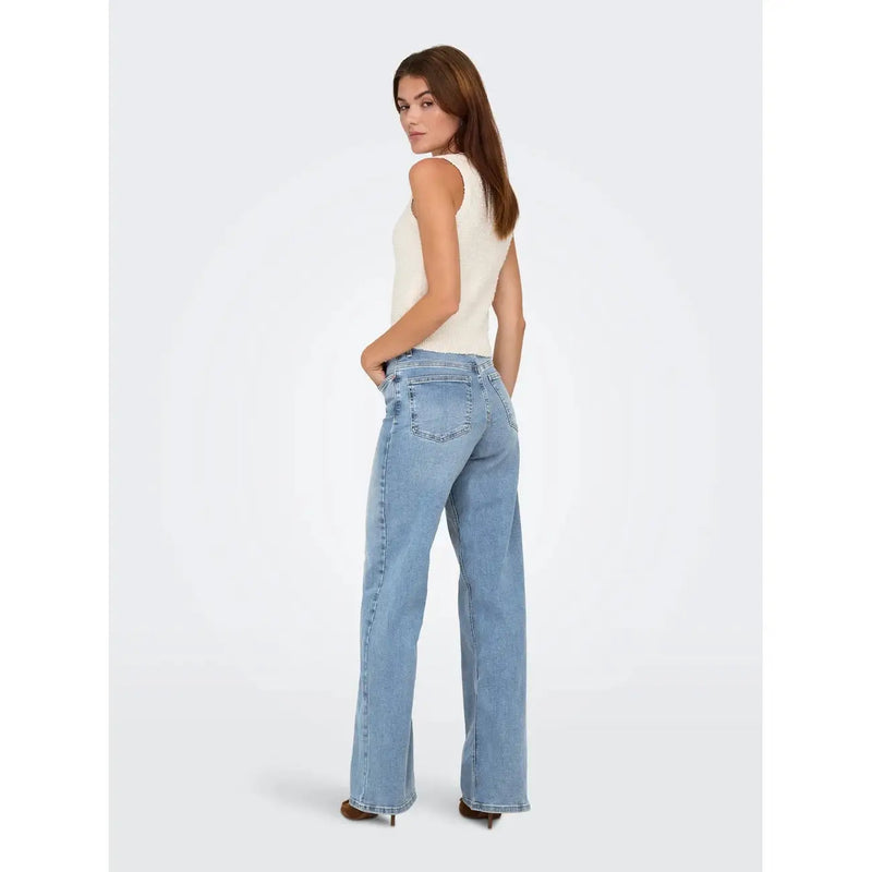 Only Jean en coton biologique bleu clair pour femme, coupe évasée à jambes larges et délavage clair