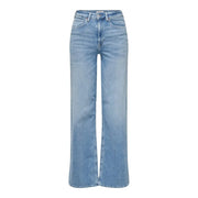 Only Jean en coton biologique bleu clair pour femme, en denim délavé clair, taille haute, coupe droite et cinq poches classiques.