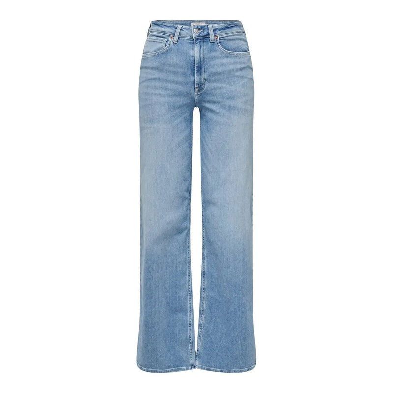 Only Jean en coton biologique bleu clair pour femme, en denim délavé clair, taille haute, coupe droite et cinq poches classiques.