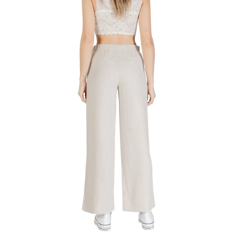 Pantalon beige taille haute à jambes larges en lin mélangé par Only femmes avec tissu lisse et ceinture élastique