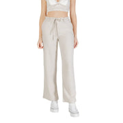 Pantalon beige à jambes larges en lin et viscose, taille élastiquée avec cordon de serrage et tissu fluide et doux, idéal pour le printemps et l'été.