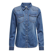 Blue denim long cotton button shirt for women with two chest pockets and silver buttons article 15315185