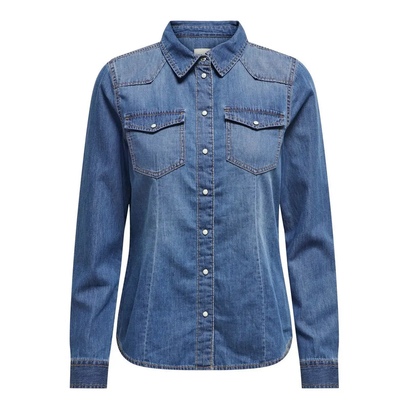 Blue denim long cotton button shirt for women with two chest pockets and silver buttons article 15315185