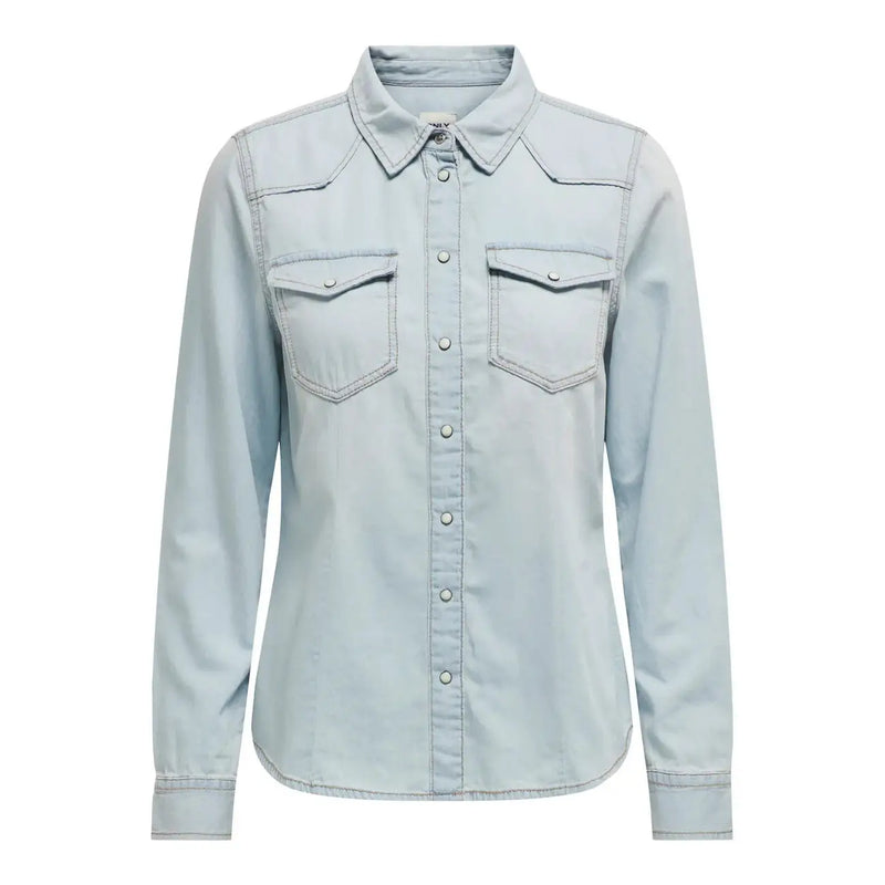 Only women long light blue cotton button shirt with two chest pockets and a collar article 15315185