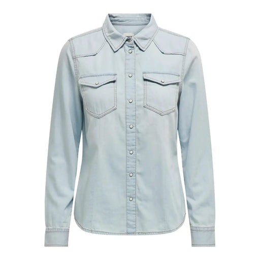 Only Chemise longue en coton bleu clair pour femme, à boutons, avec deux poches poitrine et un col, article 15315185
