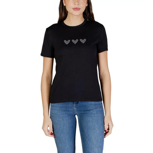 Only T-shirt noir en coton bio pour femme, col rond, taille S, manches courtes, orné de trois cœurs scintillants sur la poitrine.