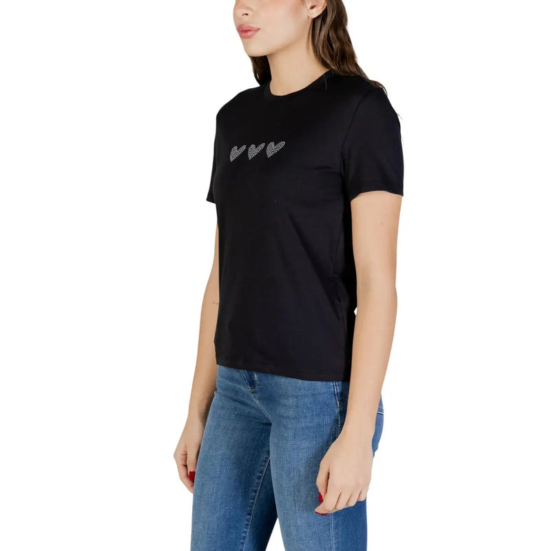 Only women organic cotton black round neck t shirt size s with short sleeves and three sparkling hearts design