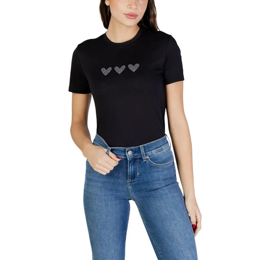 Only T-shirt noir en coton bio pour femme, col rond, taille S, orné de trois cœurs scintillants sur la poitrine.