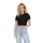 Black short-sleeved organic cotton crop top with round neckline and button detail at hem by Only Women
