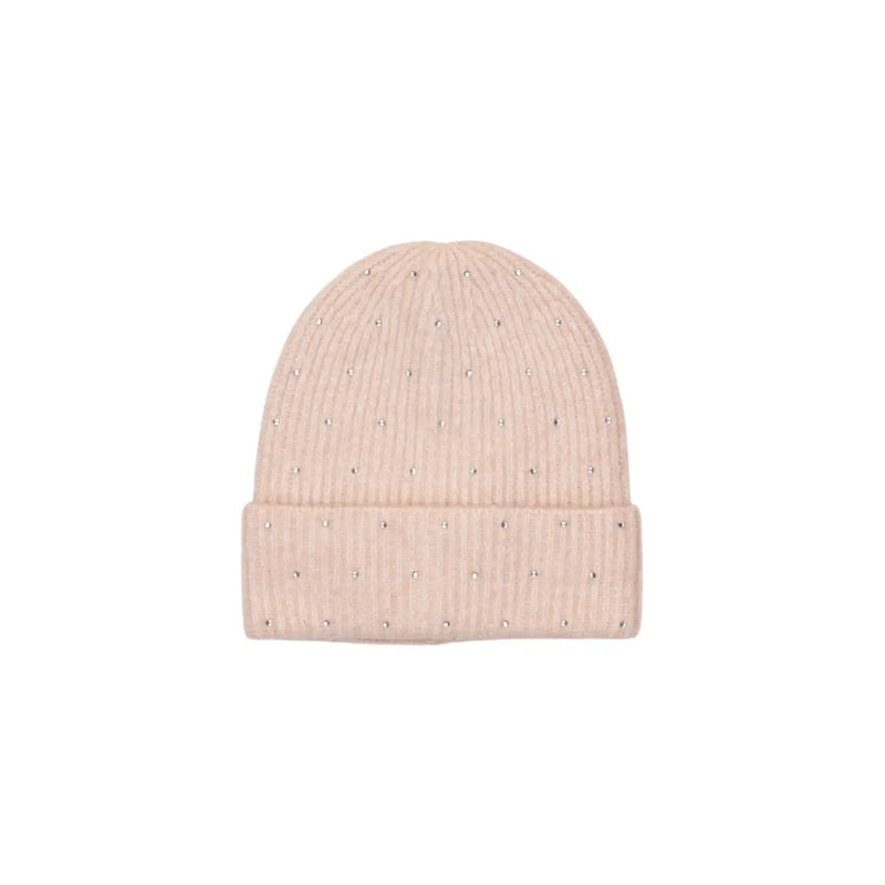 Only women pink rhinestone beanie cap wool blend with soft blush pink ribbed knit and silver stud embellishments