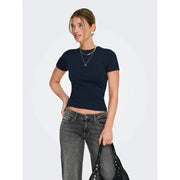 Navy blue fitted short-sleeved polyester blend top for women with a round neck by Only