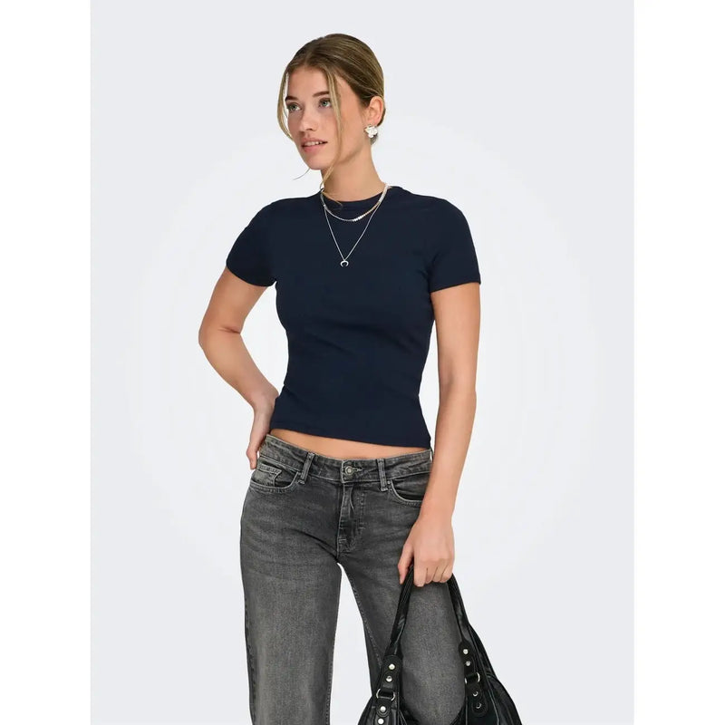 Navy blue fitted short-sleeved polyester blend top for women with a round neck by Only