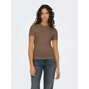Only Women taupe short-sleeved ribbed t shirt with fitted silhouette made of polyester blend fabric