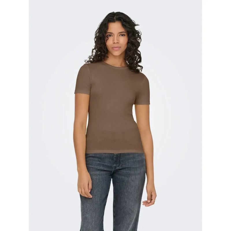 Only Women taupe short-sleeved ribbed t shirt with fitted silhouette made of polyester blend fabric