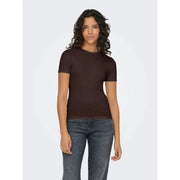 A sleek dark brown short-sleeved top with fitted silhouette and round neckline in polyester blend fabric