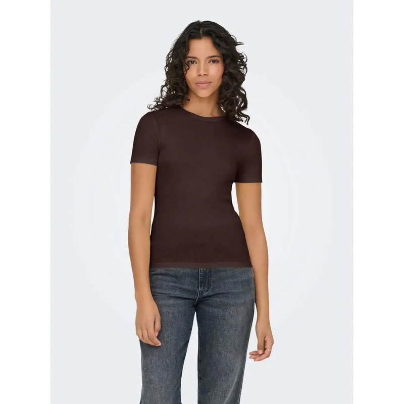 A sleek dark brown short-sleeved top with fitted silhouette and round neckline in polyester blend fabric