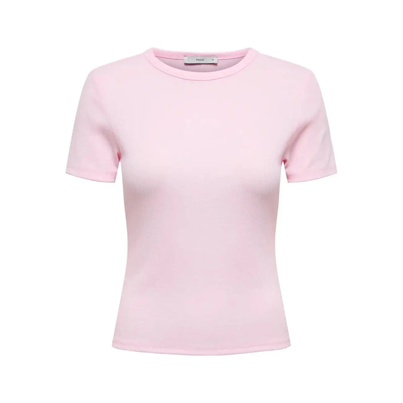 A soft pink only women short round neck t shirt with polyester blend fabric and subtle ribbed trim