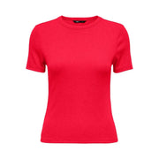 A vibrant red ribbed short-sleeve t shirt with classic crew neck in polyester blend for women by Only