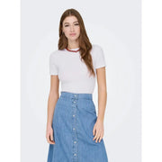 Blue denim midi skirt with white buttons down the front paired with only women pink short round neck polyester blend t shirt