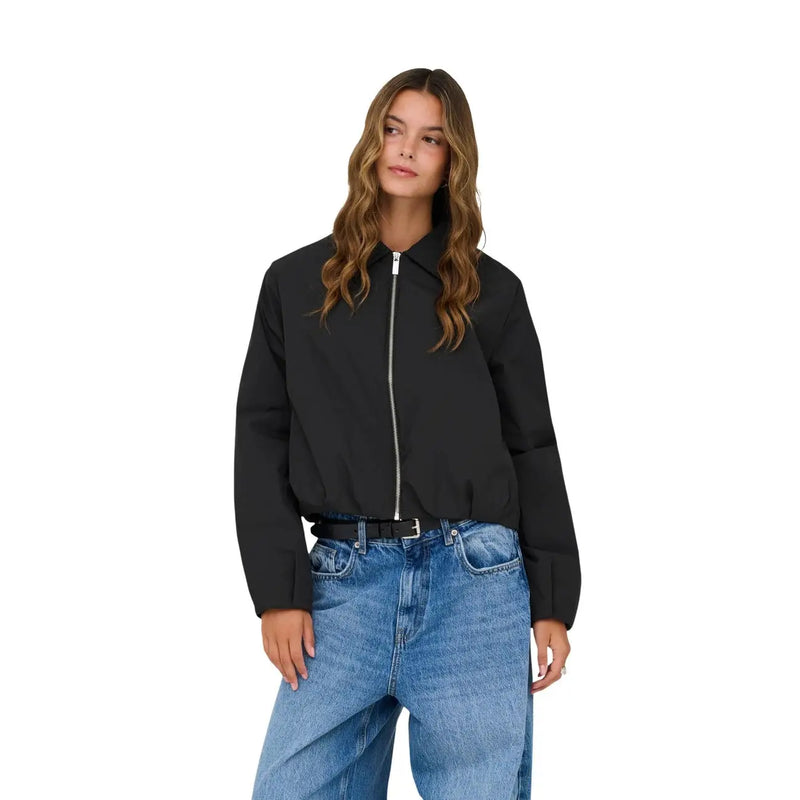 Black only women polyester blazer with round neck featuring silver zipper and subtle seam detailing in bomber jacket style