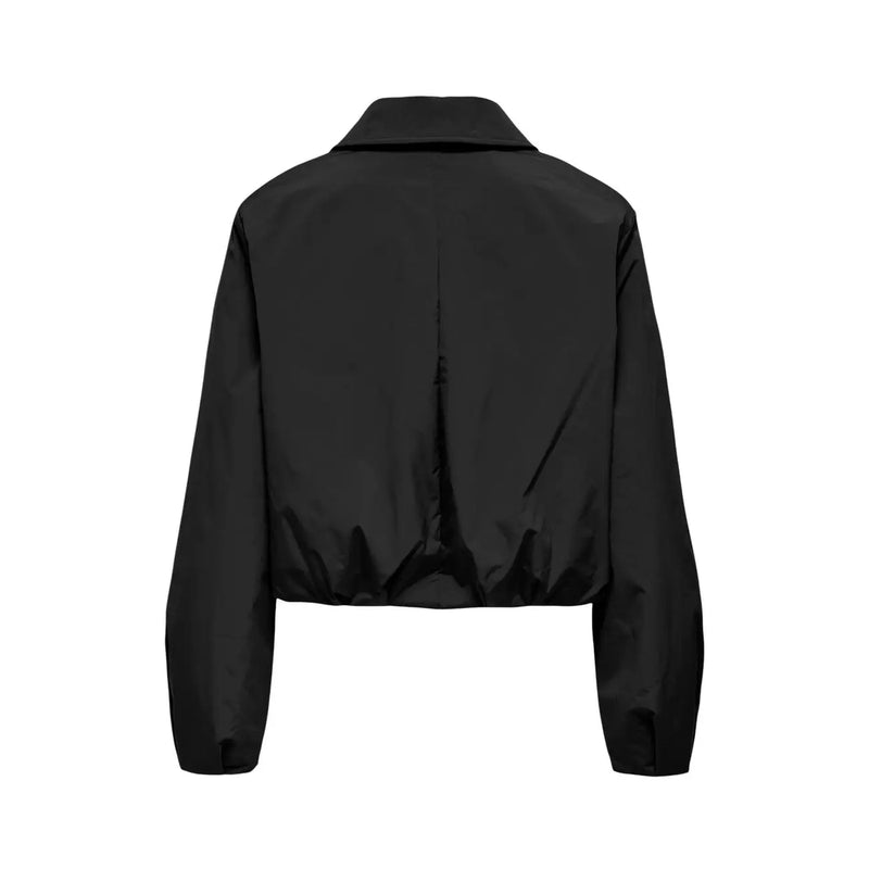 Black cropped bomber jacket with shiny nylon finish and structured collar from only women polyester blazer black round neck collection