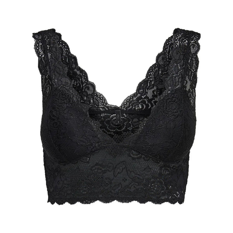 Soutien-gorge en dentelle noire orné de motifs floraux complexes et de bords festonnés, associé à only débardeur noir en polyester pour femme top