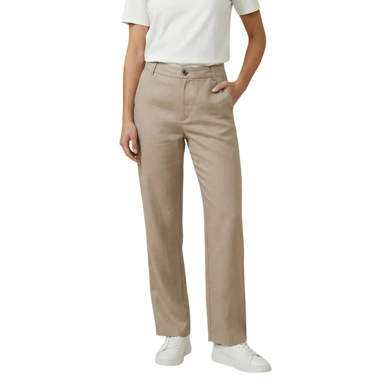Only Pantalon droit beige en viscose pour femme, avec passants de ceinture en tissu chino kaki et coupe classique.