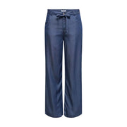 Pantalon en denim bleu foncé à jambes larges avec taille élastiquée à cordon de serrage de Only Collection de pantalons Gianna en lyocell droit pour femmes