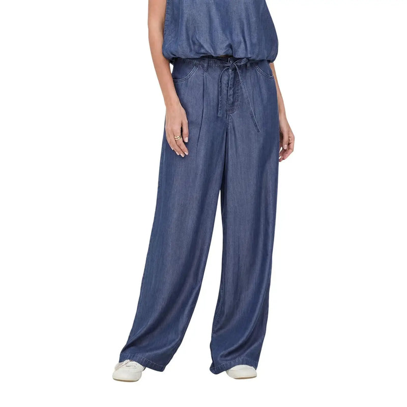jean bleu à jambes larges only Pantalon droit pour femme avec taille élastiquée à cordon, en tissu lyocell Gianna
