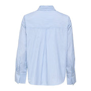Only women striped long classic cotton shirt in light blue featuring vertical light blue and white stripes and a classic collar