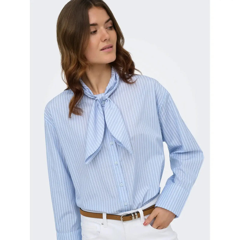 Only Women striped long classic cotton shirt light blue with light blue and white vertical stripes and tied necktie detail