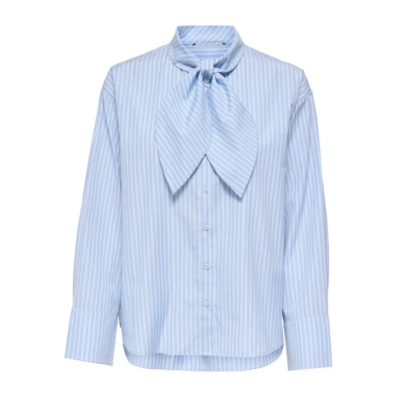 Only women striped long classic cotton shirt light blue featuring a light blue and white vertical striped pattern with a tied bow collar