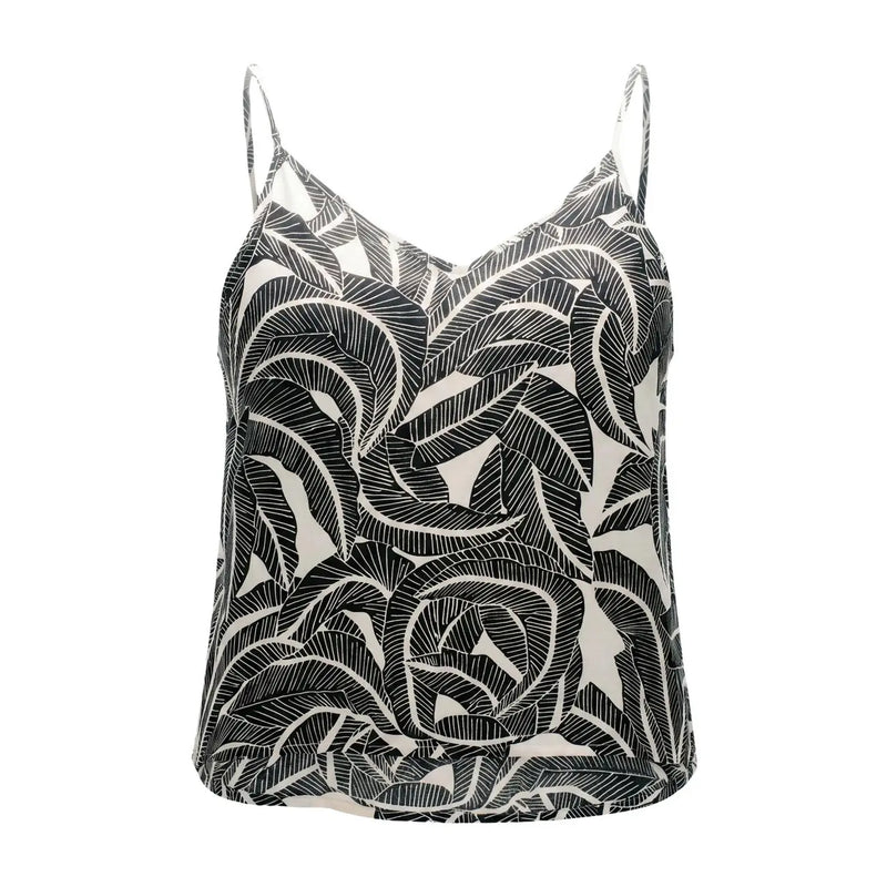 Only débardeur noir en viscose pour femme top avec un col en V et des bretelles spaghetti à motif de feuilles noires et blanches