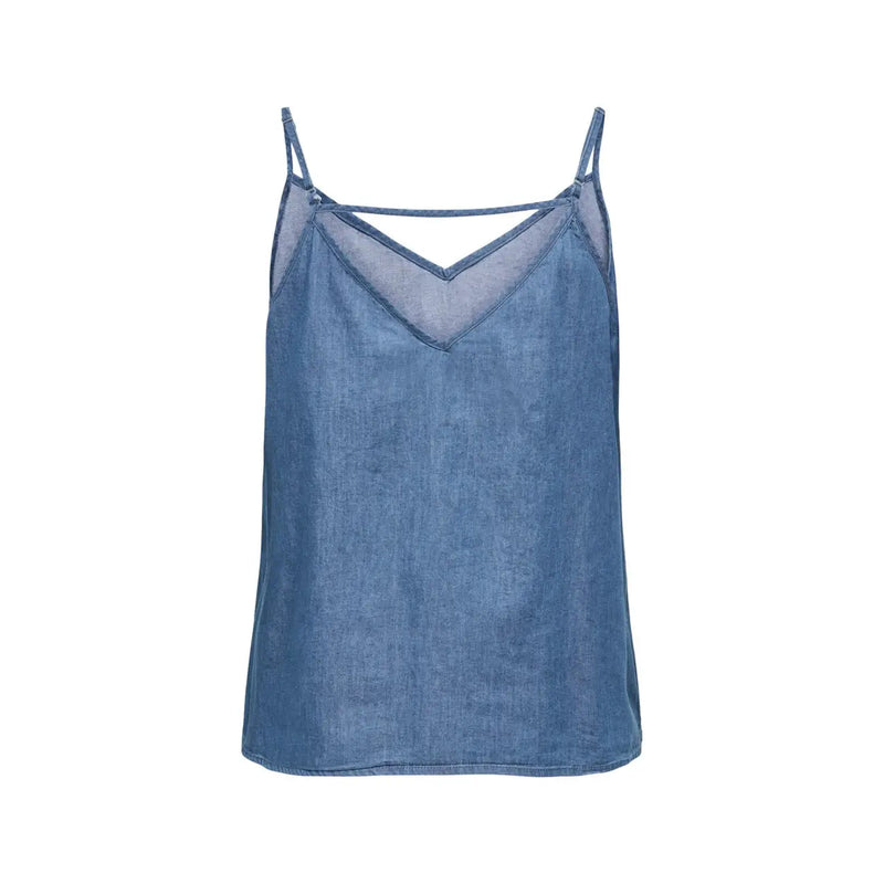 débardeur camisole en coton bleu denim top avec un col en V et un empiècement en maille transparente de Only collection de débardeurs pour femmes