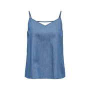Only femmes tank top Débardeur bleu en coton à col en V, composé d'un caraco en denim bleu clair à fines bretelles et col en V.