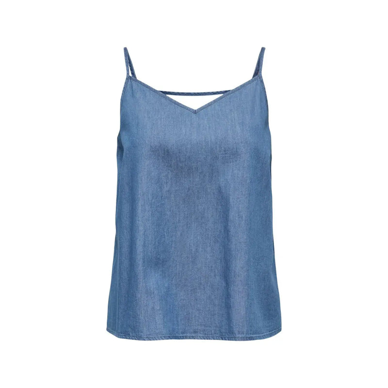 Only femmes tank top Débardeur bleu en coton à col en V, composé d'un caraco en denim bleu clair à fines bretelles et col en V.
