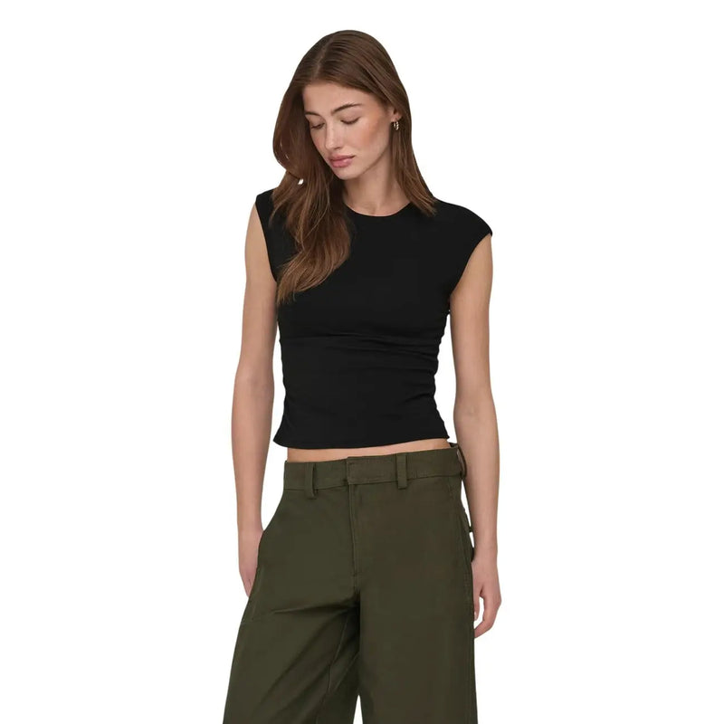 débardeur court noir top avec une texture côtelée ajustée et un col rond en coton lycra par Only Femmes