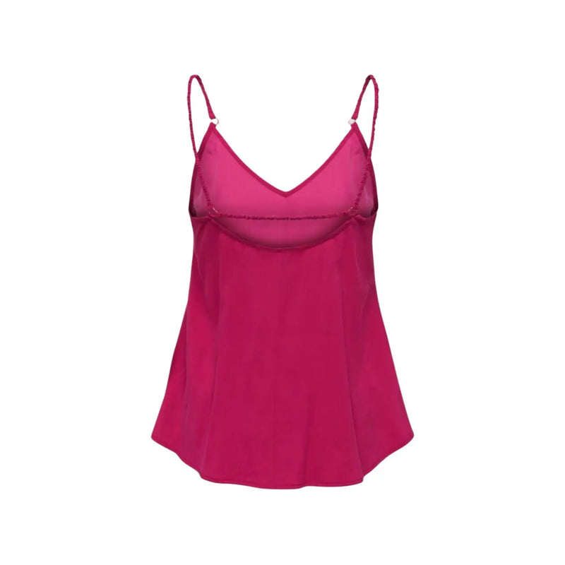 Un débardeur en satin fuchsia éclatant, à fines bretelles spaghetti et empiècement en résille transparente au niveau de la poitrine, confectionné dans un mélange de viscose.