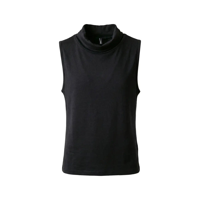 Viscose noire sans manches top pour femmes, avec un col châle souple et montant, en tailles S et L.