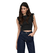 crop top noir sans manches top avec de délicats volants en dentelle aux épaules, confectionnés en coton blanc pour femmes par Only