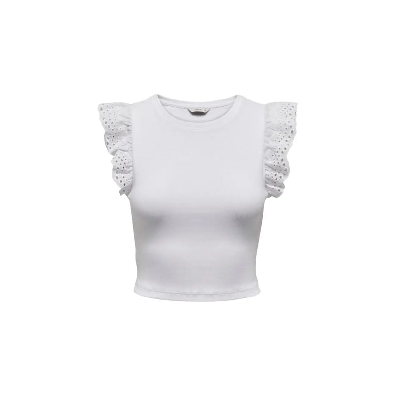 Débardeur en coton blanc à col rond top avec des manches à volants en dentelle ajourée délicate de Only collection femme