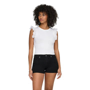 coton blanc sans manches top pour femmes avec un col rond et de délicats détails de dentelle à volants sur les épaules par Only
