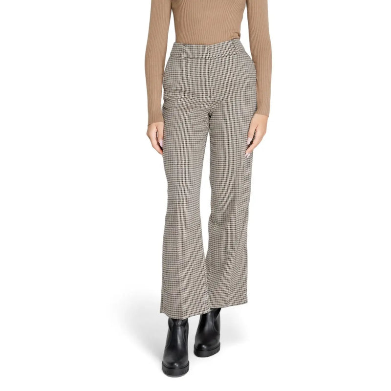 Only Pantalon évasé à motif pied-de-poule beige et noir pour femme, fermeture éclair, taille mm, motif à carreaux