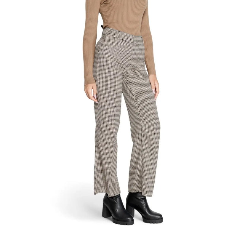 taille haute only Pantalon femme beige à carreaux pied-de-poule, coupe ajustée et jambes légèrement évasées, taille mm