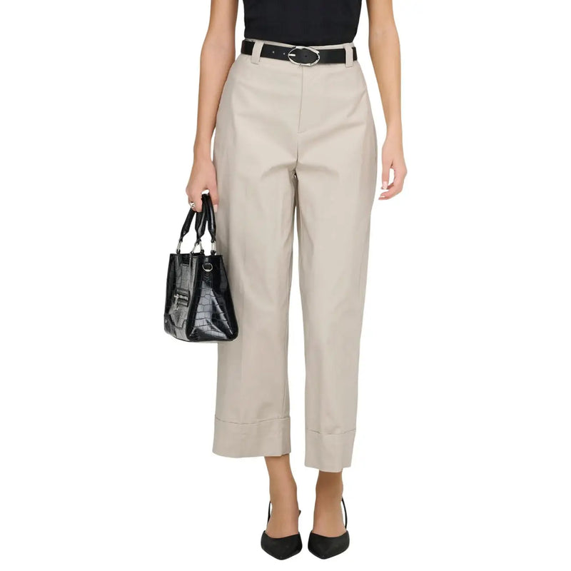 Pantalon beige taille haute, court, en coton stretch, coupe ajustée et ourlets roulés, taille 30 pour femme. Only