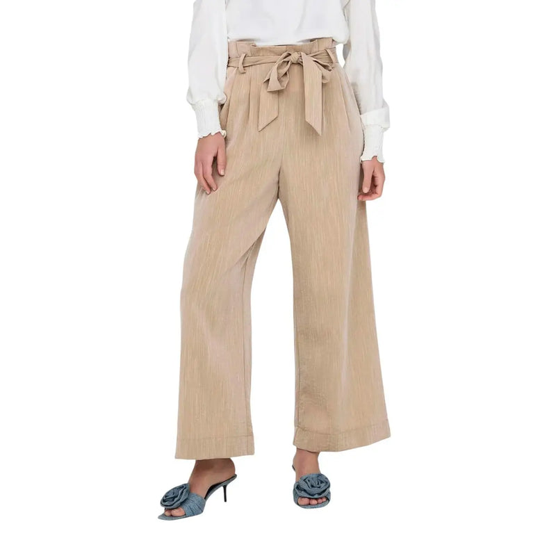 Jean beige en mélange de viscose, taille haute et jambes larges Only Pantalon pour femme avec ceinture à nouer, poches avant en dentelle et texture côtelée