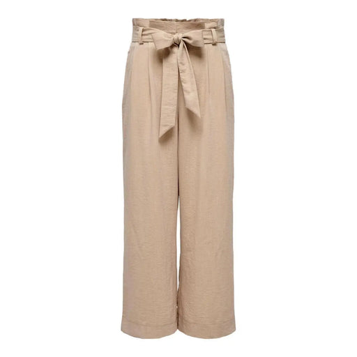Jean beige taille haute à jambes larges only Pantalon pour femme en mélange de viscose, avec poches avant en dentelle et ceinture à nouer.