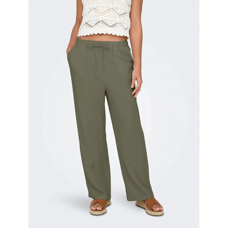 Pantalon large en lin et viscose vert olive pour femme, avec taille élastiquée à cordon, idéal pour le printemps et l'été.